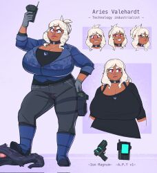 Rule 34 | 1girl, black pants, black shirt, blonde hair, breasts, character sheet, choker, cleavage, commission, curvy, dark-skinned female, dark skin, drill hair, drill sidelocks, english text, eyelashes, female focus, gloves, gun, holding, holding phone, huge breasts, pants, phone, purple background, red eyes, shirt, short hair, sidelocks, solo, standing, strongmoist, taut clothes, thick thighs, thighs, weapon, wide hips