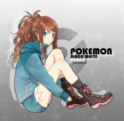 Rule 34 | 10s, 1girl, black legwear, blue eyes, boots, borrowed clothes, brown hair, character name, copyright name, creatures (company), cross-laced footwear, from side, frown, full body, game freak, grey background, hilda (pokemon), io (sinking=carousel), jacket, lace-up boots, legs, long hair, looking at viewer, nintendo, poke ball symbol, pokemon, pokemon bw, ponytail, short shorts, shorts, sitting, solo, swept bangs, you (roka)