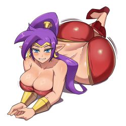 Rule 34 | 1girl, ass, bare shoulders, blue eyes, breasts, butt crack, cleavage, collarbone, earrings, highres, huge ass, jewelry, large breasts, looking at viewer, purple hair, shantae, shantae (series), simple background, smile, solo, ytrall