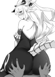 Rule 34 | 1girl, absurdres, ass, ass grab, bare shoulders, black bodysuit, blush, bodysuit, cameltoe, closed mouth, dark skin, deep skin, fang, fang out, from behind, granblue fantasy, greyscale, hair between eyes, highres, huge ass, lo xueming, long hair, looking back, medusa (shingeki no bahamut), monochrome, nose blush, pointy ears, profile, shingeki no bahamut, sitting, solo focus, tail, v-shaped eyebrows, very long hair, white background