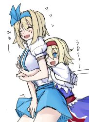 Rule 34 | 2girls, ^ ^, alice margatroid, alice margatroid (pc-98), bad id, bad pixiv id, blonde hair, blue dress, blue eyes, capelet, child, closed eyes, dress, dual persona, closed eyes, hair ribbon, hairband, hug, hug from behind, kenii, kenuu (kenny), multiple girls, aged up, one eye closed, open mouth, ribbon, role reversal, short hair, sketch, skirt, smile, suspenders, time paradox, touhou, touhou (pc-98), wink, aged down