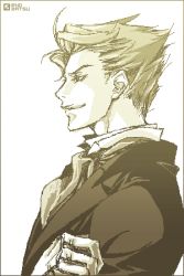 Rule 34 | 00s, 1boy, ahoge, border, brown theme, closed mouth, code geass, crossed arms, from side, jacket, jeremiah gottwald, lowres, male focus, monochrome, profile, short hair, simple background, sketch, smirk, solo, upper body, white background