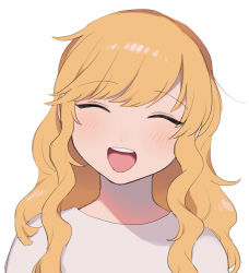 Rule 34 | 1girl, :d, chiyoko (tykchiyo), closed eyes, commentary request, face, highres, idolmaster, idolmaster cinderella girls, ohtsuki yui, open mouth, simple background, smile, solo, sweater, teeth, upper teeth only, wavy hair, white background, white sweater