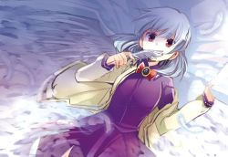 Rule 34 | 1girl, bow, bowtie, covering own mouth, dress, dutch angle, feathers, jacket, kishin sagume, long sleeves, looking at viewer, lying, oimoto jirou, on back, purple dress, red eyes, short hair, silver hair, single wing, solo, touhou, wings