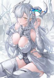 Rule 34 | 1girl, breasts, dragon girl, dragon horns, dragon tail, earrings, expressionless, hair over one eye, highres, hip vent, horns, jewelry, kachi, large breasts, long hair, looking at viewer, original, solo, tail, thighhighs, very long hair, white hair, white thighhighs, yellow eyes