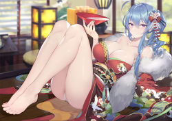 Rule 34 | 1girl, ahoge, alcohol, ass, azur lane, bare shoulders, barefoot, blue hair, blush, bow, breasts, calder, cleavage, closed mouth, collarbone, cup, feet, hair bow, hair ornament, hairpin, japanese clothes, kimono, knees up, large breasts, leaning back, legs, long hair, long sleeves, looking at viewer, obi, off shoulder, purple eyes, red bow, sakazuki, sake, sash, side ponytail, sidelocks, sitting, smile, solo, st. louis (azur lane), st. louis (spirits in the snow) (azur lane), wide sleeves
