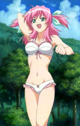 Rule 34 | 00s, 1girl, bikini, bow, collarbone, day, dot nose, green eyes, magikano, navel, open mouth, outdoors, pink hair, scenery, screencap, solo, stitched, swimsuit, third-party edit, tree