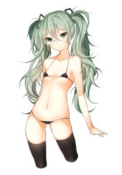 Rule 34 | 1girl, absurdres, bespectacled, bikini, black thighhighs, cowboy shot, flat chest, freeze (867139), glasses, green eyes, green hair, hatsune miku, highres, matching hair/eyes, micro bikini, simple background, solo, swimsuit, thighhighs, twintails, vocaloid, white background