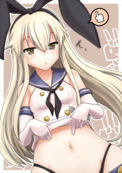Rule 34 | 10s, 1girl, :&lt;, anchor hair ornament, black neckerchief, black panties, blonde hair, breasts, brown eyes, clothes lift, crop top, elbow gloves, gloves, hair ornament, hairband, highleg, highleg panties, kantai collection, lifted by self, long hair, looking at viewer, navel, neckerchief, panties, pointing, pointing at self, rensouhou-chan, school uniform, serafuku, shimakaze (kancolle), shirt lift, simple background, skirt, small breasts, solo, spoken object, underwear, upper body, urokozuki, white gloves