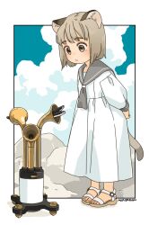 Rule 34 | 1girl, akai sashimi, animal ears, arms behind back, artist name, barefoot sandals (jewelry), blue sky, blush, border, brown eyes, brown hair, cat ears, cat girl, cat tail, closed mouth, cloud, cloudy sky, cumulonimbus cloud, dress, fish, full body, grey neckerchief, grey sailor collar, highres, horn speaker, long sleeves, looking at animal, looking down, neckerchief, original, outside border, puffy long sleeves, puffy sleeves, raised eyebrows, rock, sailor collar, sardine, short hair, sky, solo, standing, tail, white border, white dress