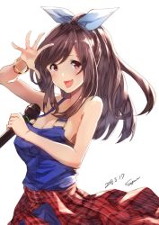 Rule 34 | 1girl, arm up, bare shoulders, blouse, blue ribbon, blush, bracelet, breasts, brown eyes, brown hair, checkered clothes, checkered shirt, cleavage, clothes around waist, dated, denim, hair ribbon, holding, holding microphone, idolmaster, idolmaster shiny colors, jewelry, large breasts, long hair, looking at viewer, microphone, open mouth, overalls, plaid, plaid shirt, ponytail, red shirt, ribbon, shirt, shirt around waist, sideboob, signature, simple background, smile, solo, sone (takahiro-osone), spread fingers, swept bangs, tsukioka kogane, upper body, white background