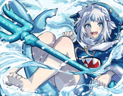 Rule 34 | 1girl, :d, barefoot, blue eyes, blue hair, blue hoodie, blue nails, blush, commentary, dress, eat some cookie, falling, fins, fish tail, full body, gawr gura, gawr gura (1st costume), hair ornament, highres, holding, holding weapon, hololive, hololive english, hood, hood up, hoodie, knees up, long hoodie, looking to the side, multicolored hair, nail polish, ocean, open mouth, polearm, revision, shark girl, shark hair ornament, shark tail, sharp teeth, short dress, smile, solo, streaked hair, tail, teeth, toes, trident, two side up, upper teeth only, virtual youtuber, water, waving, weapon, white hair
