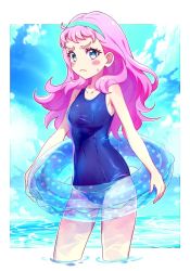 Rule 34 | 1girl, bare arms, bare legs, blue eyes, blue hairband, blue one-piece swimsuit, blush, border, breasts, collarbone, frown, hairband, highres, innertube, kyoutsuugengo, laura la mer, long hair, one-piece swimsuit, outside border, pink hair, precure, school swimsuit, small breasts, solo, standing, sweatdrop, swim ring, swimsuit, tropical-rouge! precure, wading, white border