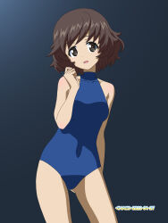 Rule 34 | 1girl, akiyama yukari, alternate costume, arm behind back, artist name, black background, blue one-piece swimsuit, brown eyes, brown hair, commentary, covered navel, cowboy shot, dated, girls und panzer, halterneck, highres, looking at viewer, messy hair, naotosi, one-piece swimsuit, open mouth, school swimsuit, short hair, smile, solo, standing, swimsuit