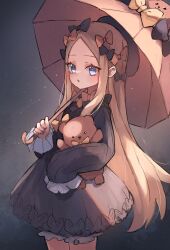 Rule 34 | 1girl, abigail williams (fate), black bow, black dress, black hat, blonde hair, blue eyes, bow, breasts, dress, fate/grand order, fate (series), forehead, hair bow, hat, highres, long hair, long sleeves, looking at viewer, miya (miyaruta), open mouth, orange bow, parted bangs, ribbed dress, small breasts, solo, stuffed animal, stuffed toy, teddy bear, umbrella