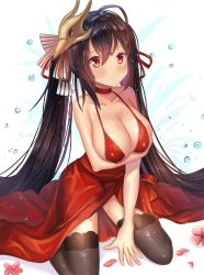 Rule 34 | 1girl, ahoge, ame sagari, azur lane, bare arms, bare shoulders, black hair, black thighhighs, blush, breast hold, breasts, choker, cleavage, cocktail dress, collarbone, dress, flower, large breasts, long hair, looking at viewer, mask, mask on head, official alternate costume, petals, red dress, red eyes, red flower, sitting, sleeveless, sleeveless dress, solo, spaghetti strap, taihou (azur lane), taihou (forbidden feast) (azur lane), thighhighs, twintails, very long hair