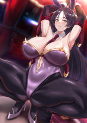 Rule 34 | 1girl, absurdres, animal ears, armpits, arms behind head, arms up, bare shoulders, black gloves, black pantyhose, blush, breasts, cleavage, clothing cutout, detached collar, elbow gloves, fake animal ears, fate/grand order, fate (series), gloves, high heels, highleg, highleg leotard, highres, kuutamo, large breasts, leotard, long hair, looking at viewer, minamoto no raikou (fate), navel, navel cutout, necktie, pantyhose, parted bangs, parted lips, playboy bunny, purple eyes, purple footwear, purple hair, purple leotard, rabbit ears, rope, smile, solo, spread legs, squatting, thighs, very long hair, wrist cuffs