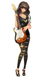 Rule 34 | 1girl, black footwear, black hair, black pants, black shirt, breasts, brown eyes, choker, cleavage, collarbone, drift girls, full body, guitar, head tilt, high heels, highres, hion (drift girls), holding, holding instrument, instrument, jewelry, large breasts, long hair, looking at viewer, necklace, official art, pants, shirt, shoes, simple background, sleeveless, sleeveless shirt, solo, torn clothes, torn pants, white background