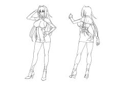 Rule 34 | 1girl, annerose vajra, ass, back, bodysuit, bodysuit under clothes, breasts, character sheet, concept art, dress, female focus, greyscale, hair between eyes, hair intakes, hand on own hip, high heels, kneepits, koutetsu no majo annerose, koutetsu no majo anneroze, large breasts, lilith-soft, lineart, long hair, monochrome, multiple views, pointy ears, simple background, smile, turnaround, very long hair, white background
