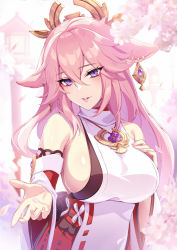 Rule 34 | 1girl, bare shoulders, blush, breasts, commentary request, crossed bangs, detached sleeves, genshin impact, hair ornament, hand on own chest, highres, japanese clothes, large breasts, long hair, long sleeves, looking at viewer, miko, outstretched hand, parted lips, petals, pink hair, purple eyes, puuzaki puuna, sideboob, smile, solo, upper body, wide sleeves, yae miko