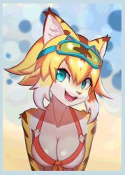 Rule 34 | 1girl, :3, :d, animal nose, aqua eyes, breasts, cleavage, furry, furry female, goggles, goggles on head, hair between eyes, looking at viewer, mia (world flipper), open mouth, short hair, sidelocks, smile, solo, thick eyebrows, tiger girl, tp10, upper body, world flipper