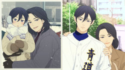 Rule 34 | 1boy, 1girl, ace of diamond, age progression, baseball jersey, black hair, black jacket, blue eyes, blush, breath, child, closed mouth, coat, cold, day, earmuffs, earrings, furuya satoru, gloves, hug, jacket, jersey, jewelry, looking at viewer, mittens, mother and son, open mouth, outdoors, ring, scarf, short hair, smile, snow, snowing, sportswear, twoframe, upper body, winter, winter clothes, winter coat