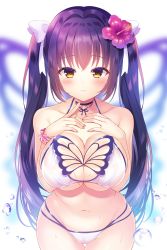 Rule 34 | 1girl, :o, bare arms, bare shoulders, bikini, bikini day, blue hair, blush, breasts, butterfly wings, cameltoe, choker, cleavage, closed mouth, collarbone, cowboy shot, flower, hair flower, hair ornament, hair ribbon, halterneck, hands on own chest, hibiscus, highres, index finger raised, insect wings, large breasts, long hair, looking at viewer, multi-strapped bikini, nail polish, nanohana kohina, navel, original, parted lips, red flower, ribbon, scrunchie, simple background, solo, sweat, swimsuit, thigh gap, twintails, very long hair, white background, white bikini, white ribbon, wings, wrist scrunchie, yellow eyes