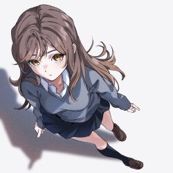 Rule 34 | 1girl, absurdres, arms at sides, black skirt, black socks, brown eyes, brown hair, closed mouth, collared shirt, expressionless, film grain, from above, full body, grey shirt, highres, hori-san to miyamura-kun, hori kyouko, kneehighs, loafers, long hair, long sleeves, looking at viewer, natsume hinako, pleated skirt, school uniform, shadow, shirt, shoes, sidelocks, skirt, socks, solo, standing, undershirt, v-neck, white background