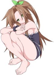 Rule 34 | 1girl, bare legs, bare shoulders, barefoot, breasts, brown hair, choujigen game neptune, crossed legs, feet, green eyes, green ribbon, if (neptunia), neptune (series), one side up, ribbon, short shorts, shorts, sleeveless, small breasts, solo, squatting, toes, up (mmmmmmmmss), wristband
