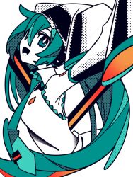 Rule 34 | 1girl, aqua eyes, aqua hair, aqua necktie, arms up, bright pupils, from side, halftone, hashtag-only commentary, hatsune miku, limited palette, long hair, long sleeves, looking at viewer, looking to the side, machigami yoh, necktie, open mouth, shirt, sleeveless, sleeveless shirt, sleeves past fingers, sleeves past wrists, solo, twintails, upper body, vocaloid, white background, white pupils, wide sleeves