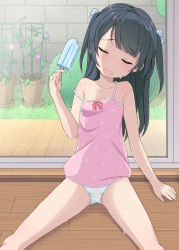 Rule 34 | 1girl, arm support, bare legs, black hair, breasts, commentary request, closed eyes, flat chest, flower, food, grass, hair ribbon, head tilt, indoors, kimagure blue, long hair, open mouth, original, panties, pink shirt, polka dot, polka dot panties, popsicle, ribbon, shirt, sitting, sliding doors, solo, spread legs, strap slip, thighs, two side up, underwear, white panties, window, wooden floor