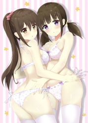 Rule 34 | 2girls, 7 calpis 7, :o, ass, asymmetrical docking, back, bare arms, bare shoulders, blunt bangs, blush, bow, bra, breast press, breasts, brown eyes, brown hair, cleavage, frilled bra, frilled panties, frills, gluteal fold, hair between eyes, hair ornament, hair ribbon, heart, heart hair ornament, highres, lavender bra, lavender panties, looking at viewer, looking back, low twintails, medium breasts, multiple girls, nail polish, open mouth, original, panties, pink background, pink bra, pink legwear, pink panties, pink ribbon, polka dot, polka dot panties, ponytail, purple bow, purple eyes, ribbon, shiny skin, side-tie panties, sideboob, striped, striped background, tareme, thighhighs, twintails, underwear, underwear only, vertical stripes, white ribbon, yellow ribbon, yuri