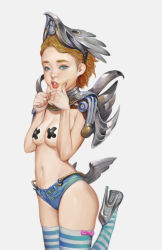 Rule 34 | 1girl, blonde hair, blue eyes, bow, breasts, cowboy shot, denim, denim shorts, hands on own cheeks, hands on own face, headgear, high heels, highres, leg up, metal wings, micro shorts, original, pasties, pink bow, poson, pursed lips, short hair, short shorts, shorts, simple background, skindentation, small breasts, solo, stiletto heels, striped clothes, striped thighhighs, thighhighs, topless, white background