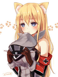 Rule 34 | 10s, 1girl, 3:, animal ears, bad id, bad pixiv id, bismarck (kancolle), blonde hair, blue eyes, blush, brown gloves, cat ears, cross, elbow gloves, gloves, hat, unworn hat, unworn headwear, holding, holding clothes, holding hat, iron cross, kantai collection, kemonomimi mode, long hair, nunucco, paw print, peaked cap, signature, solo, wavy mouth