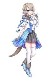 Rule 34 | 1girl, animal ears, barre, black skirt, blue eyes, blue footwear, blush, boots, braid, breasts, brown hair, capelet, character request, full body, fur-trimmed boots, fur trim, gloves, grey gloves, hair between eyes, hand up, high heel boots, high heels, indie virtual youtuber, looking at viewer, medium breasts, official art, parted lips, pleated skirt, shiodome oji, shirt, short hair, simple background, skirt, smile, solo, tail, thighhighs, thighhighs under boots, virtual youtuber, white background, white capelet, white shirt, white thighhighs