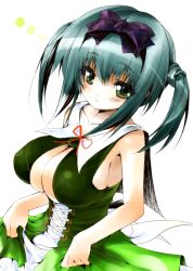 Rule 34 | armpits, blue hair, breasts, cleavage, cleavage cutout, clothing cutout, covered erect nipples, dabosu, green eyes, hair ribbon, huge breasts, ribbon, solo, twintails