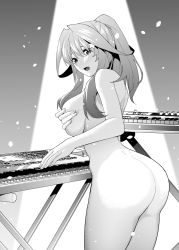 Rule 34 | 1girl, ass, blush, breasts, completely nude, covering privates, covering breasts, cowboy shot, dimples of venus, from behind, go-toubun no hanayome, greyscale, hair ornament, highres, instrument, keyboard (instrument), kosmos beta, large breasts, leaning forward, long hair, looking at viewer, looking back, monochrome, nakano itsuki, nude, open mouth, ponytail, sidelocks, solo, spotlight, star (symbol), star hair ornament