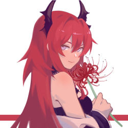 Rule 34 | 1girl, arknights, bare shoulders, black dress, breasts, chinese commentary, commentary request, dress, flower, hair between eyes, hair intakes, highres, holding, holding flower, horns, long hair, looking at viewer, medium breasts, off shoulder, purple eyes, red flower, red hair, simple background, smile, solo, surtr (arknights), towne, upper body, white background
