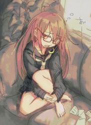 Rule 34 | 1girl, barefoot, black sailor collar, black serafuku, black skirt, brown eyes, brown hair, commentary request, couch, glasses, hugging own legs, kantai collection, long hair, long sleeves, looking at viewer, mochizuki (kancolle), neckerchief, open mouth, pleated skirt, red-framed eyewear, sailor collar, school uniform, serafuku, sitting, skirt, solo, translation request, yasushi