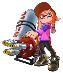 Rule 34 | 1girl, baseball cap, braid, brown footwear, commentary request, full body, hat, highres, holding, holding weapon, hydra splatling (splatoon), inkling, inkling girl, inkling player character, long hair, nintendo, orange hair, pink eyes, pink shirt, pointy ears, shirt, shoes, simple background, smile, solo, splatoon (series), splatoon 3, teeth, weapon, white background, xdies ds