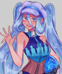 Rule 34 | 1girl, blue eyes, blue hair, breasts, creatures (company), game freak, hair between eyes, hatsune miku, highres, large breasts, long hair, nintendo, pokemon, project voltage, ruinique, solo, twintails, vocaloid, water miku (project voltage), wet, wet clothes, zipper, zipper pull tab