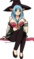 Rule 34 | 1girl, blue hair, breasts, female focus, hat, magi the labyrinth of magic, navel, shoes, sitting, solo, white background, yamuraiha