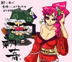 Rule 34 | 1girl, 2boys, alternate hairstyle, breasts, captain syrup, cleavage, covered erect nipples, dragon, earrings, eastern dragon, eyeshadow, japanese clothes, jewelry, kimono, large breasts, long hair, makeup, mario (series), multiple boys, nintendo, obi, off shoulder, pink hair, red eyes, sash, smile, translation request, waluigi, wario, wario land