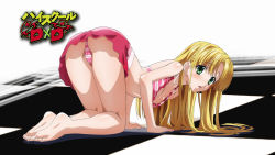 Rule 34 | 10s, 1girl, all fours, asia argento, barefoot, bikini, blonde hair, eyecatch, feet, green eyes, high school dxd, highres, long hair, official art, screencap, simple background, soles, solo, striped bikini, striped clothes, swimsuit, toes