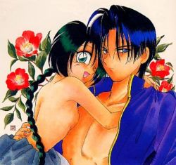 Rule 34 | black hair, blue eyes, breasts, flower, green eyes, long hair, lowres, makimachi misao, rurouni kenshin, shinomori aoshi, sideboob