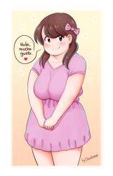 Rule 34 | 1girl, artist name, blush, border, bow, breasts, brown eyes, brown hair, closed mouth, cloudxmoe, collarbone, cowboy shot, dress, floral background, hair bow, heart, highres, large breasts, long hair, looking at viewer, original, own hands together, pink bow, pink dress, short sleeves, smile, solo, spanish commentary, spanish text, speech bubble, spoken heart, tareme, thick arms, thick thighs, thighs, white border, yellow background