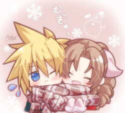 Rule 34 | 1boy, 1girl, aerith gainsborough, alternate costume, arestear0701, blonde hair, blue eyes, blush, brown hair, brown scarf, cheek-to-cheek, cheek squash, chibi, christmas, closed eyes, cloud strife, commentary, curly hair, final fantasy, final fantasy vii, flying sweatdrops, fur-trimmed mittens, fur trim, hair ribbon, happy, heads together, highres, long hair, mittens, one eye closed, parted bangs, patterned clothing, pink background, pink mittens, pink ribbon, ribbon, scarf, shared clothes, shared scarf, short hair, smile, snowflakes, snowman, spiked hair, sweatdrop, translated, winter