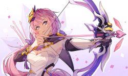 Rule 34 | 1girl, 940869601, arrow (projectile), blue eyes, bow (weapon), breasts, closed mouth, elf, elysia (honkai impact), elysia (miss pink elf) (honkai impact), floating hair, highres, holding, holding bow (weapon), holding weapon, honkai (series), honkai impact 3rd, long hair, long sleeves, looking to the side, pink hair, pink pupils, pointy ears, smile, solo, upper body, weapon