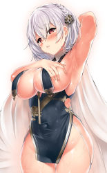 Rule 34 | 1girl, arm behind head, arm up, armpits, azur lane, blush, braid, breast curtains, breasts, china dress, chinese clothes, cowboy shot, dress, garter straps, hair between eyes, hair ornament, hand on own chest, head tilt, highres, kawai (purplrpouni), large breasts, looking at viewer, parted lips, red eyes, revealing clothes, short hair, sirius (azur lane), sirius (azure horizons) (azur lane), solo, wet, white hair