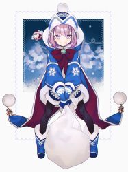 Rule 34 | 1girl, ankh, badge, beanie, black pantyhose, blue cape, blue coat, blue footwear, blue gloves, blue hat, blush, boots, bow, breasts, cape, closed mouth, coat, colonel olcott (fate), fate/grand order, fate/grand order arcade, fate (series), full body, fur-trimmed coat, fur trim, gloves, hat, helena blavatsky (christmas) (fate), helena blavatsky (fate), hood, hooded coat, katagiri (mighty swing), large bow, looking at viewer, open clothes, open coat, pantyhose, pine tree, sack, short hair, small breasts, smile, snowing, solo, stamp, tree